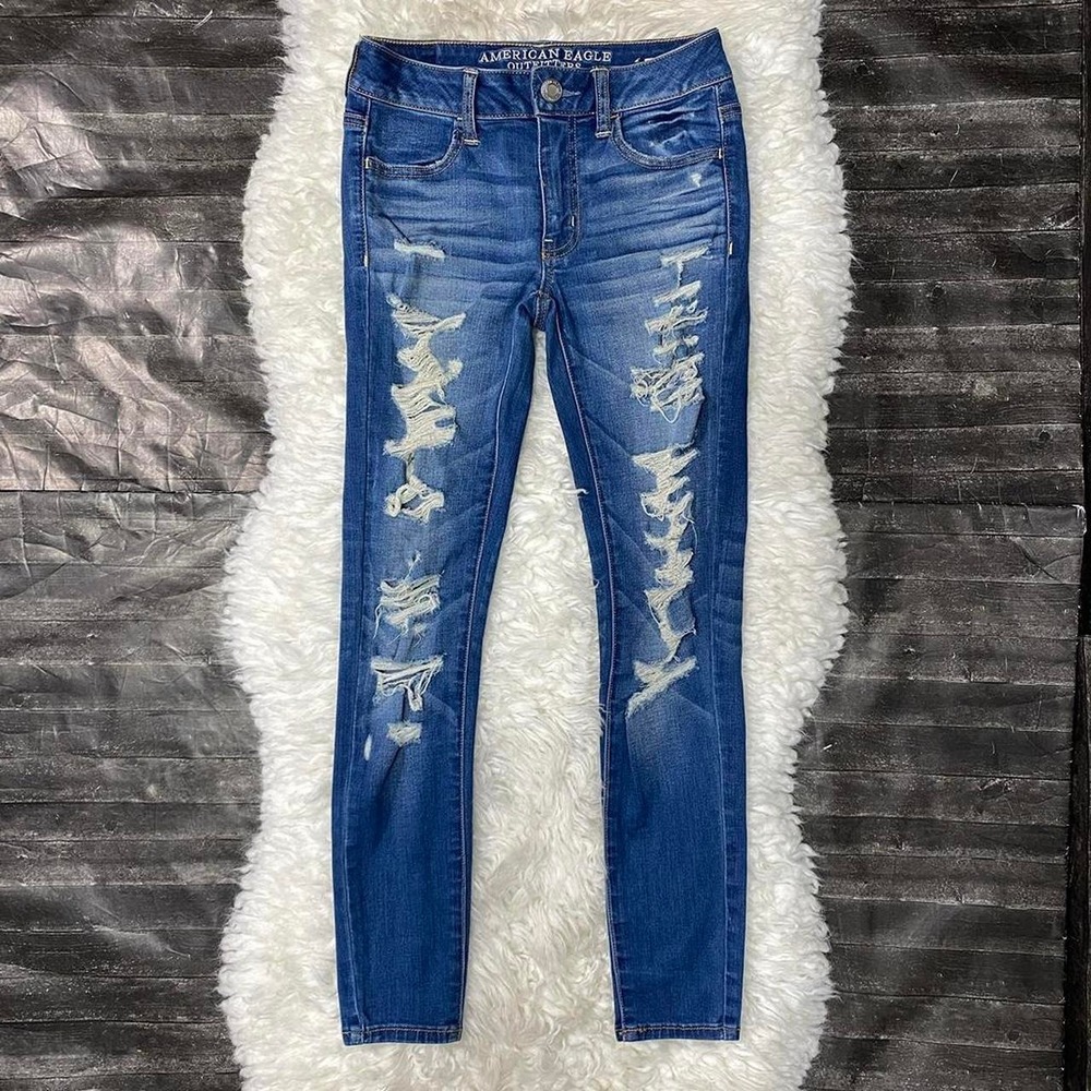 AMERICAN EAGLE BLUE DENIM WASH DISTRESSED JEGGING BASIC NORMCORE CASUAL ALT